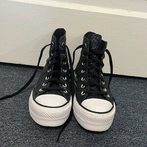 Black and Pink Glitter Platform Converse, Size 7.5